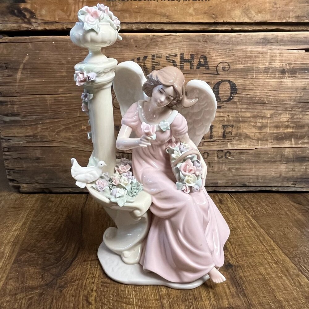Porcelain Vintage Angel Figurine Seated on Bench Flowers & Dove